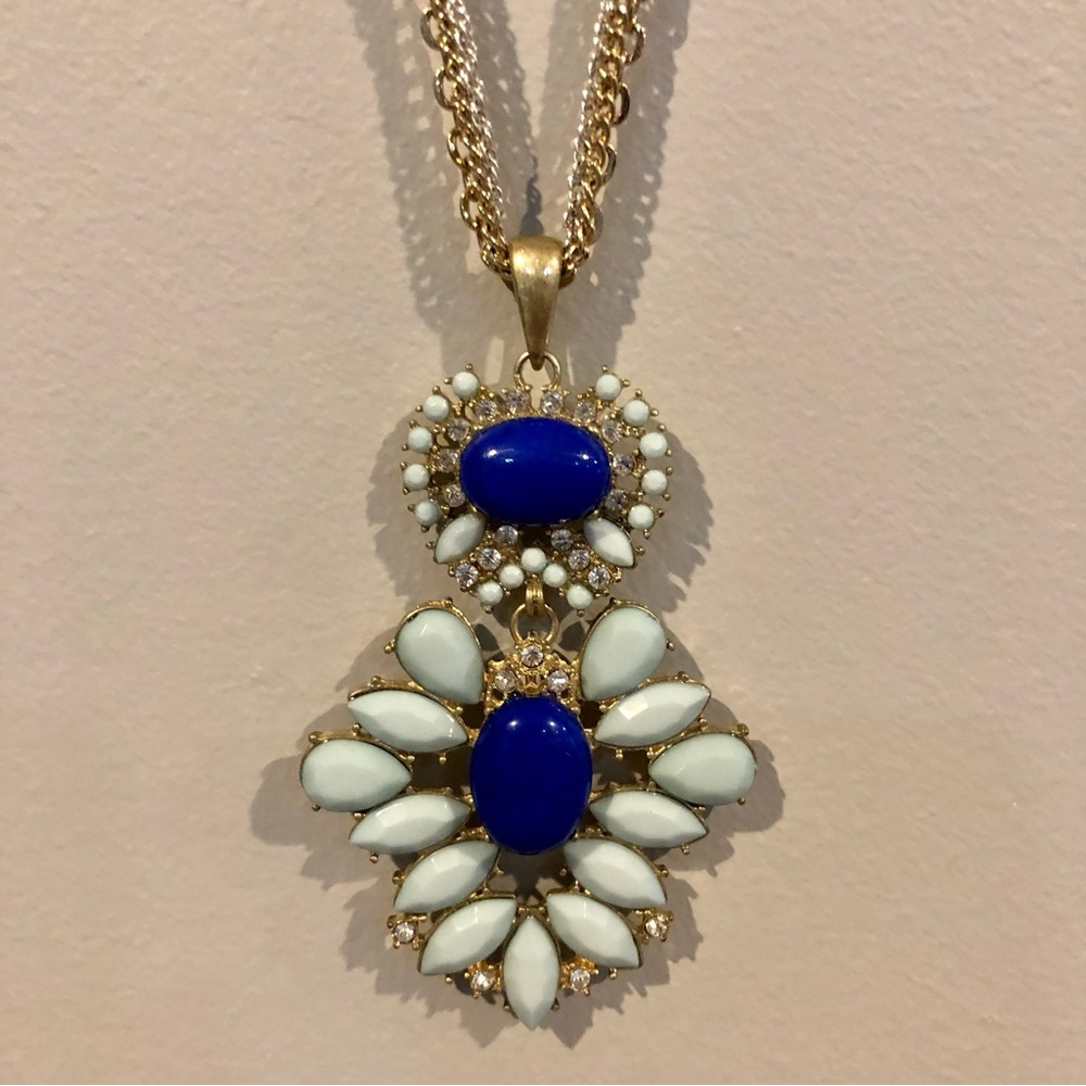 Chico’s mixed metals 3 strand blue rhinestone pendant statement necklace